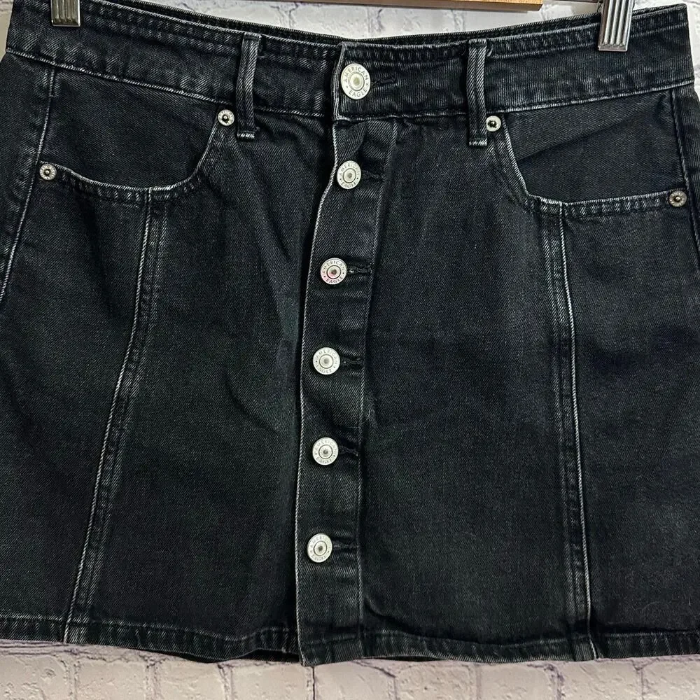 American Eagle Black Button Front Jean Skirt Women's 8 High Rise Mini Skirt
